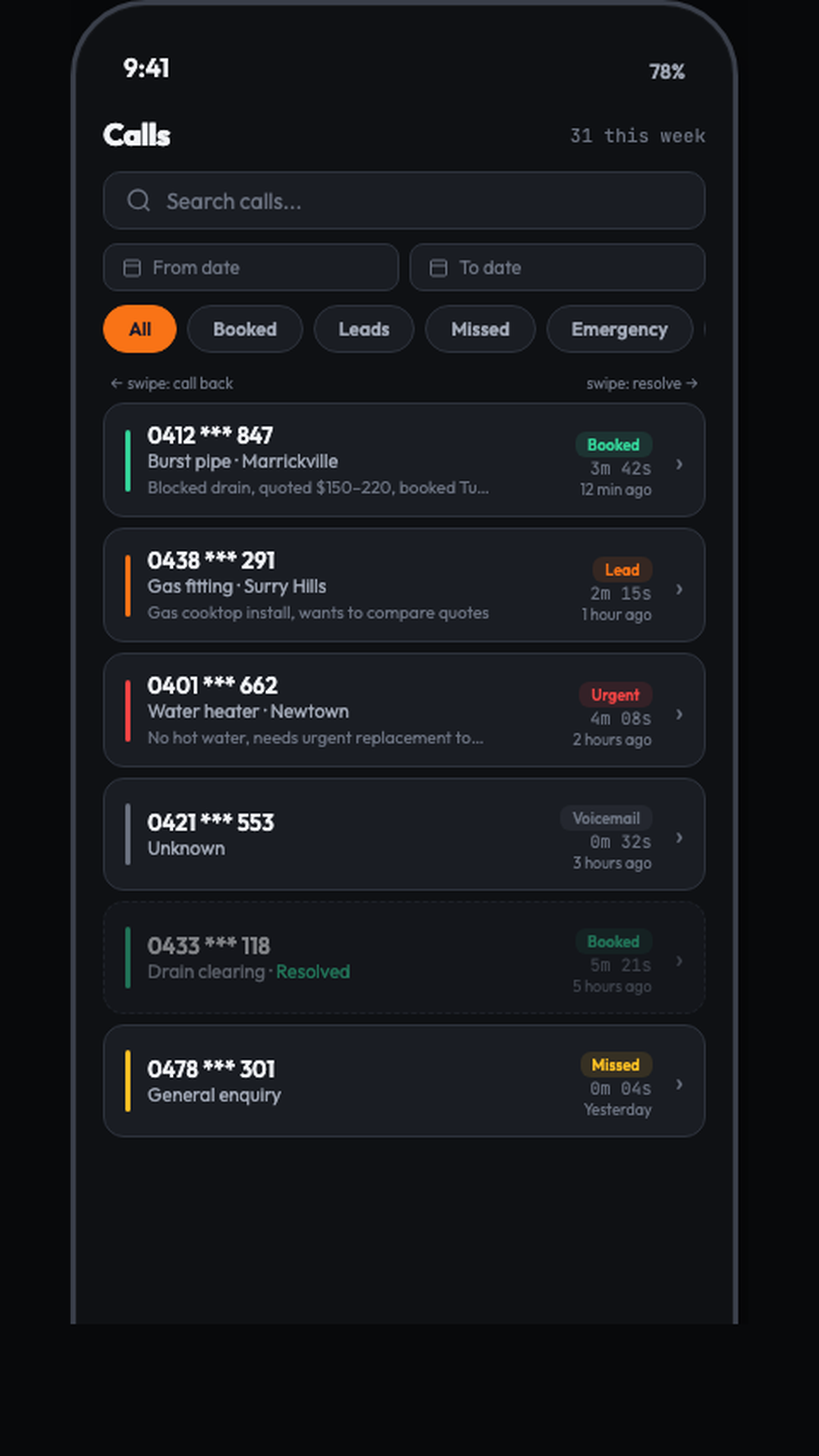 Call history list with a search box, outcome filter chips across the top, and a status badge and call duration on each row