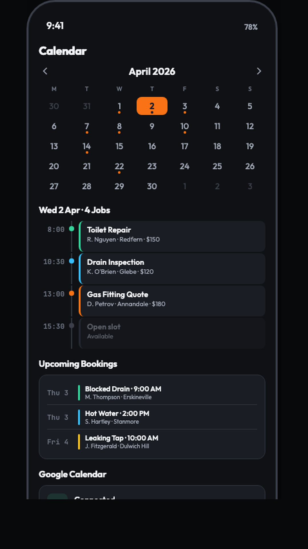 Calendar view for April 2026 with time-blocked jobs on the month grid and a list of upcoming bookings underneath