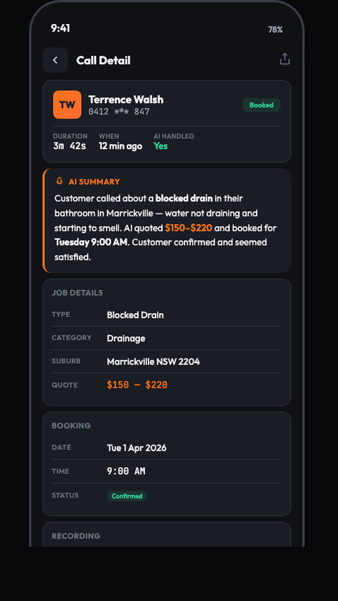 Call detail screen with an AI summary card for a blocked drain enquiry, a job details section, and a recording player