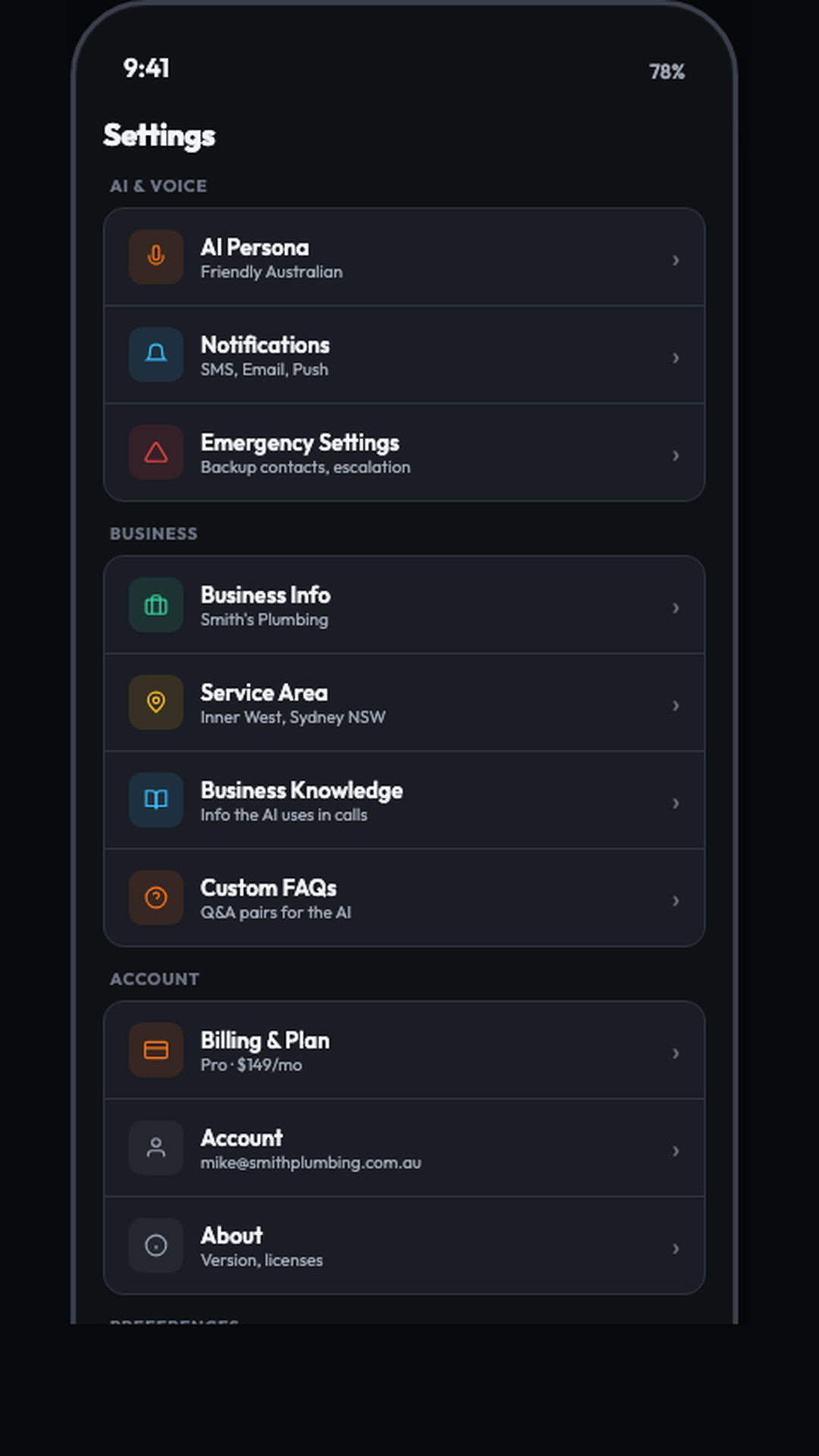 Settings screen showing AI Persona, Notifications, Business Info, Service Area, Custom FAQs, and Billing sections